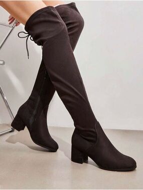 Over-the-Knee Stretch Block Heel Boots - BROWN